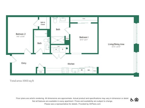Floor plan for 2 beds, 2 baths, 1003 sqft
